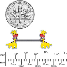 Load image into Gallery viewer, 14G 9/16 Bow Tie Yellow Red Giraffe Barbell Nipple Ring Set
