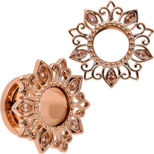 Load image into Gallery viewer, Brown Gem Rose Gold Tone Floral Edge Screw Fit Tunnel Plug Set

