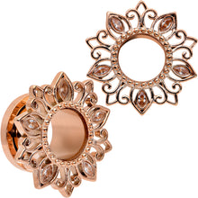 Load image into Gallery viewer, Brown Gem Rose Gold Tone Floral Edge Screw Fit Tunnel Plug Set
