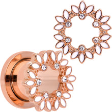 Load image into Gallery viewer, Clear Gem Rose Gold Tone White Leaves Screw Fit Tunnel Plug Set
