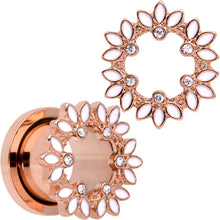 Load image into Gallery viewer, Clear Gem Rose Gold Tone White Leaves Screw Fit Tunnel Plug Set
