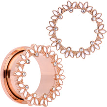 Load image into Gallery viewer, Clear Gem Rose Gold Tone White Leaves Screw Fit Tunnel Plug Set
