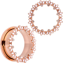 Load image into Gallery viewer, Clear Gem Rose Gold Tone White Leaves Screw Fit Tunnel Plug Set

