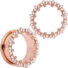 Load image into Gallery viewer, Clear Gem Rose Gold Tone White Leaves Screw Fit Tunnel Plug Set
