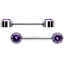 Load image into Gallery viewer, 14G 9/16 Purple CZ Gem G23 Titanium Threadless Nipple Ring Set
