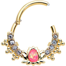 Load image into Gallery viewer, 16G 3/8 Pink Faux Opal Gold Tone Style Lotus Hinged Segment Ring
