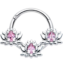 Load image into Gallery viewer, 16G 3/8 Pink CZ Gem Triple Lotus Hinged Segment Ring

