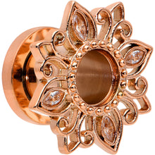 Load image into Gallery viewer, 2G Brown Gem Rose Gold Tone Floral Screw Fit Tunnel Plug Set
