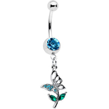 Load image into Gallery viewer, Blue Green Gem Perching Floral Butterfly Dangle Belly Ring
