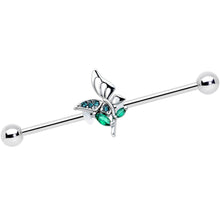 Load image into Gallery viewer, 14G Blue Green Gem Floral Butterfly Industrial Barbell 38mm
