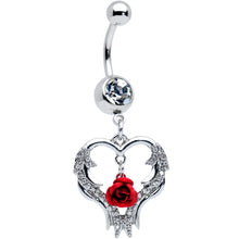 Load image into Gallery viewer, Clear Gem Heart Red Rose Valentines Day Dangle Belly Ring
