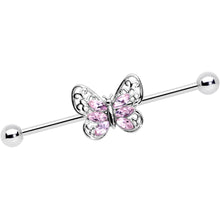 Load image into Gallery viewer, 14G Pink Gem Lacy Butterfly Industrial Barbell 38mm
