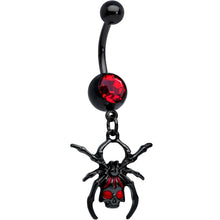 Load image into Gallery viewer, Red Gem Black Skull Spider Halloween Dangle Belly Ring
