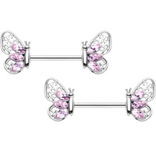 Load image into Gallery viewer, 14G 9/16 Pink Gem Lacy Butterfly Barbell Nipple Ring Set
