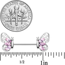 Load image into Gallery viewer, 14G 9/16 Pink Gem Lacy Butterfly Barbell Nipple Ring Set

