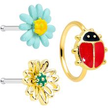 Load image into Gallery viewer, 20G 1/4 5/16 Gold Tone Flower Ladybug Nose Hoop Bone Set of 3
