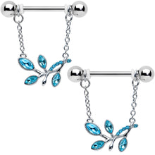 Load image into Gallery viewer, 14G 9/16 Blue Gem Leaves of Love Chain Dangle Nipple Ring Set

