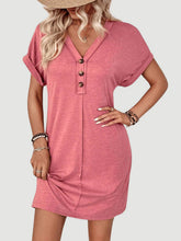 Load image into Gallery viewer, Elegant Button V-Neck Short Sleeve Dress Flattering Casual &amp; Office Wear Simple Dress

