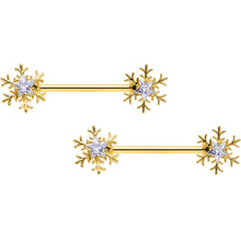 Load image into Gallery viewer, 14G 9/16 Clear Gem Gold Tone Snowflake Christmas Nipple Ring Set

