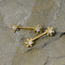 Load image into Gallery viewer, 14G 9/16 Clear Gem Gold Tone Snowflake Christmas Nipple Ring Set
