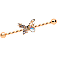 Load image into Gallery viewer, 14G Jeweled Rose Gold Tone Fancy Butterfly Industrial Barbell 38mm

