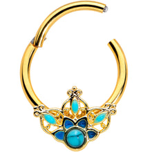 Load image into Gallery viewer, 16G 3/8 Turquoise Gold Tone Opulent Flower Hinged Segment Ring

