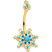 Load image into Gallery viewer, Blue Turquoise Gold Tone Opulent Flower Double Mount Belly Ring
