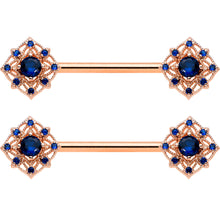 Load image into Gallery viewer, 14G 9/16 Blue Gem Rose Gold Tone Wicked Web Nipple Ring Set
