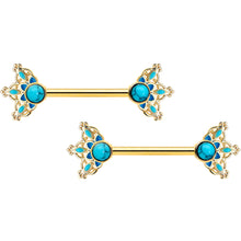Load image into Gallery viewer, 14G 9/16 Blue Turquoise Gold Tone Opulent Bloom Nipple Ring Set
