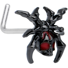 Load image into Gallery viewer, 20G 1/4 Red Gem Black Spider Skull Halloween L Shape Nose Ring
