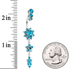 Load image into Gallery viewer, Blue Gem Triple Top Double Flower Drop Dangle Belly Ring
