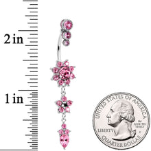 Load image into Gallery viewer, Pink Gem Triple Top Double Flower Drop Dangle Belly Ring
