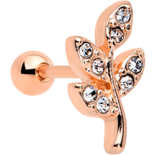Load image into Gallery viewer, 16G 1/4 Clear Gem Rose Gold Tone Lush Leaves Cartilage Tragus
