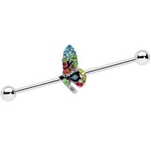 Load image into Gallery viewer, 14G Blue Red Green Gem Glitz Dragonfly Industrial Barbell 38mm
