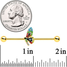 Load image into Gallery viewer, 14G Blue Gem Gold Tone Glitz Dragonfly Industrial Barbell 38mm
