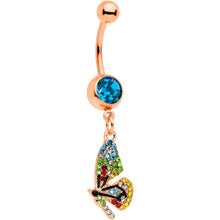 Load image into Gallery viewer, Blue Red Green Gem Rose Gold Tone Glitzy Dragonfly Dangle Belly Ring
