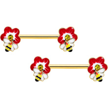Load image into Gallery viewer, 14G 9/16 Yellow Gem Gold Tone Queen Bee Flower Nipple Ring Set
