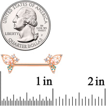 Load image into Gallery viewer, 14G 9/16 Clear CZ Gem Rose Gold Hue Butterfly Nipple Ring Set
