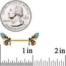 Load image into Gallery viewer, 14G 9/16 Red Blue Gem Gold Tone Multi Butterfly Nipple Ring Set
