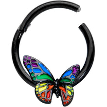 Load image into Gallery viewer, 16G 3/8 Black Rainbow Pride Butterfly Hinged Segment Ring
