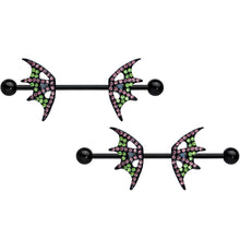 Load image into Gallery viewer, 14G 13/16 Pink Green Gem Black Bat Wing Barbell Nipple Ring Set
