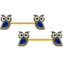 Load image into Gallery viewer, 14G 9/16 Blue Gem Gold Tone Wide Eye Owl Barbell Nipple Ring Set
