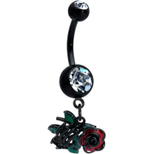 Load image into Gallery viewer, Clear Gem Black Skeleton Flower Halloween Dangle Belly Ring
