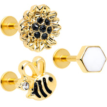 Load image into Gallery viewer, 16G 5/16 Black Gem Gold Tone Bee Hive Labret Tragus Curation Set of 3
