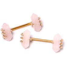 Load image into Gallery viewer, 14G 9/16 Pink Rose Quartz Gold Tone Claw Barbell Nipple Ring Set
