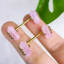 Load image into Gallery viewer, 14G 9/16 Pink Rose Quartz Gold Tone Claw Barbell Nipple Ring Set
