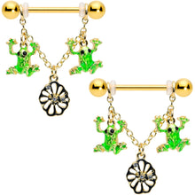 Load image into Gallery viewer, 14G 5/8 Clear Gem Gold Tone Frog Flower Dangle Nipple Ring Set
