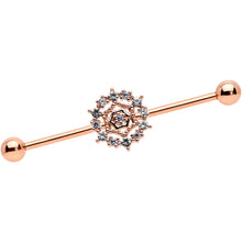Load image into Gallery viewer, 14G Clear CZ Gem Rose Gold Tone Geo Web Industrial Barbell 38mm
