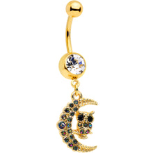 Load image into Gallery viewer, Clear Aurora Black Gem Gold Tone Owl Moon Dangle Belly Ring

