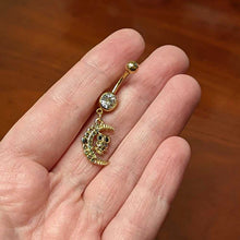 Load image into Gallery viewer, Clear Aurora Black Gem Gold Tone Owl Moon Dangle Belly Ring
